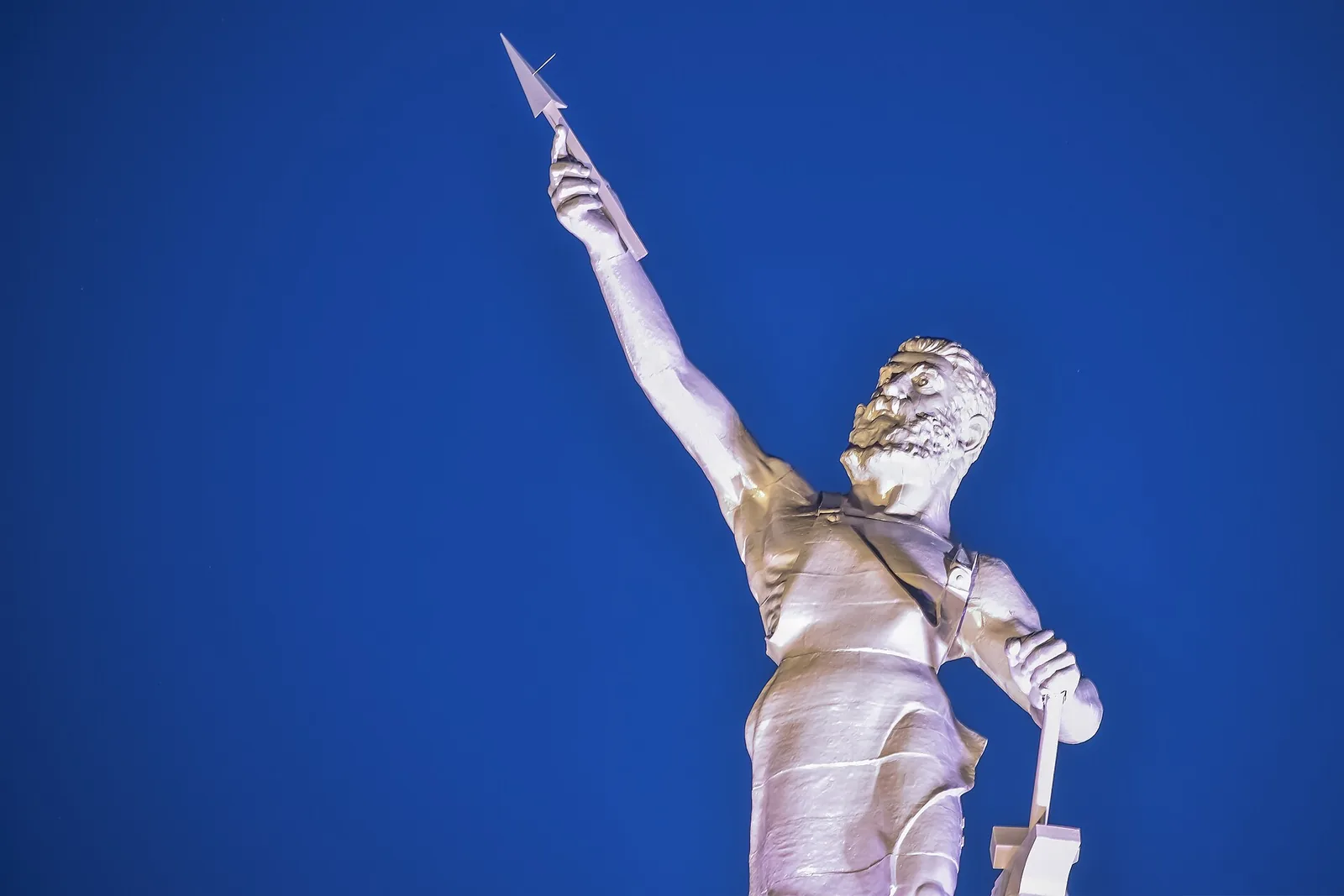 The Vulcan statue lit at dusk at Vulcan Park and Museum on Red Mountain, where Thunder on the Mountain is launched