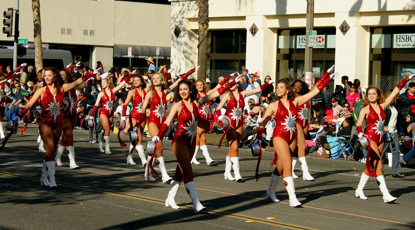 Members of the Homewood High School Patriots Marching Band on parade in Pasadena, California