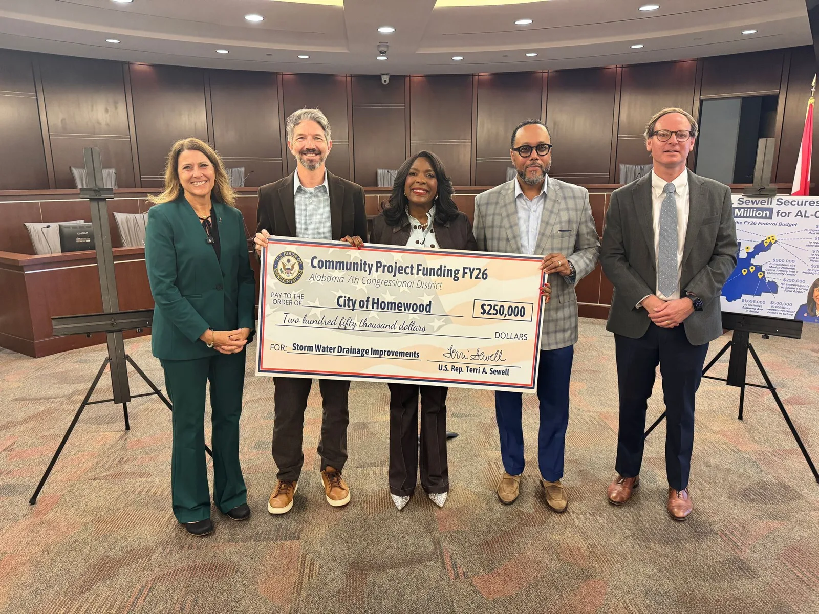 U.S. Rep. Terri Sewell, center, with a $250,000 check to the City of Homewood for stormwater drainage improvements.