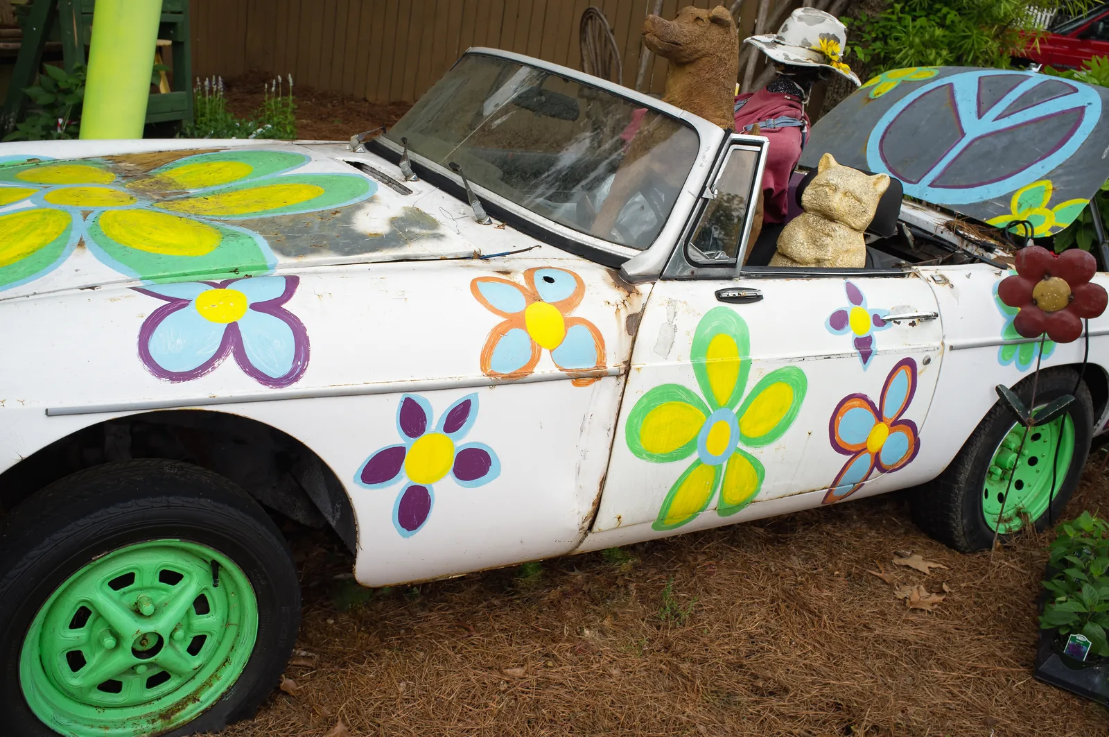 A vintage MG sports car planted with flowers outside Sweet Peas Garden Shop in Homewood.