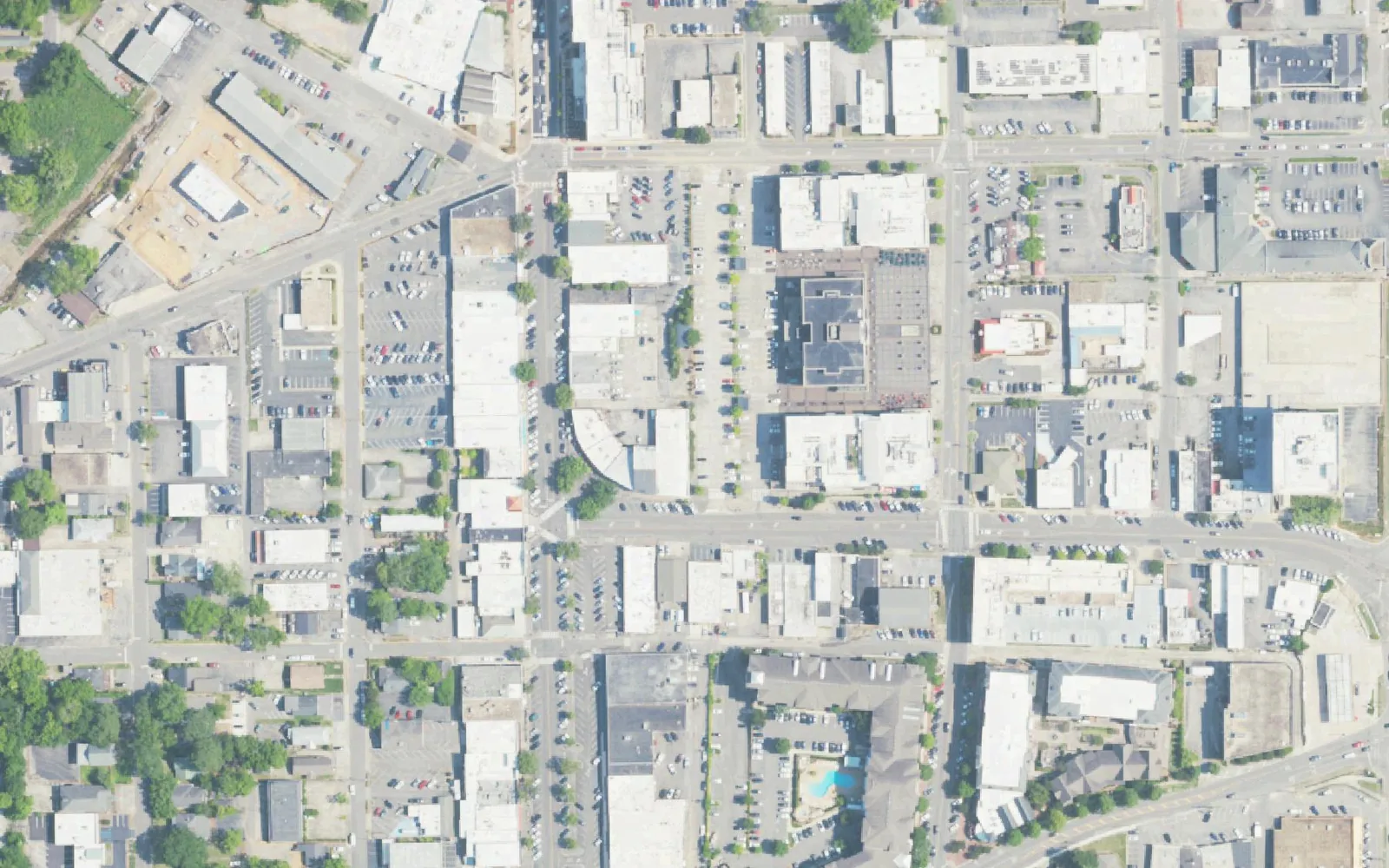 Aerial view of downtown Homewood, the blocks of shops, restaurants and offices around 18th Street South and 29th Avenue South.
