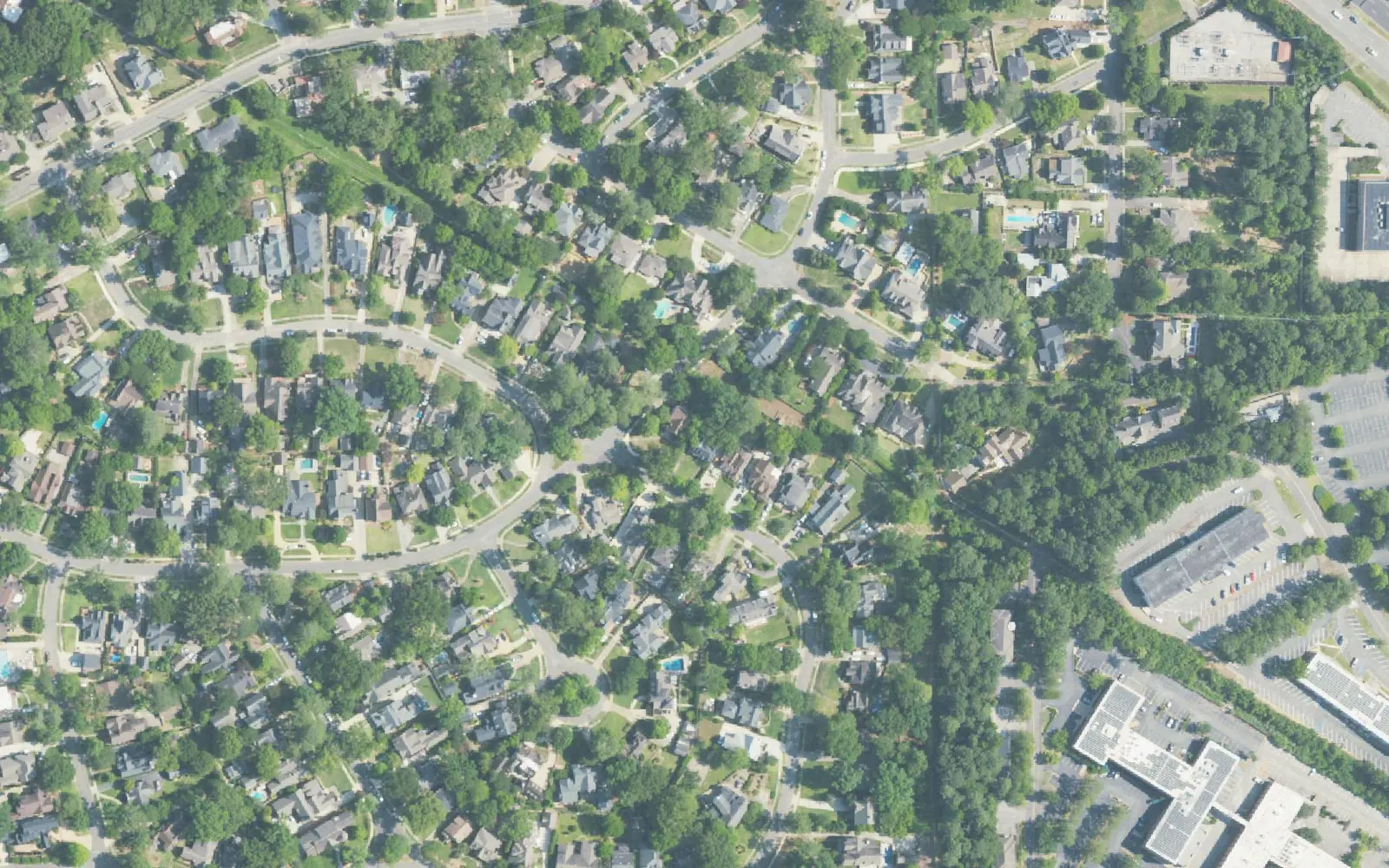 Aerial view of the curving residential streets of Hollywood in Homewood, west of U.S. 280.