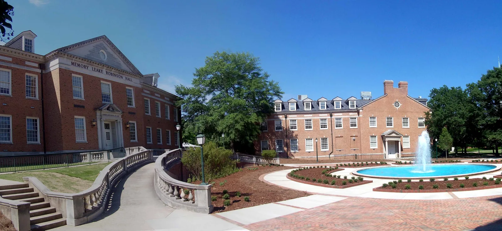 Memory Leake Robinson Hall and the courtyard at Samford University's Cumberland School of Law, off Lakeshore Drive in Homewood.