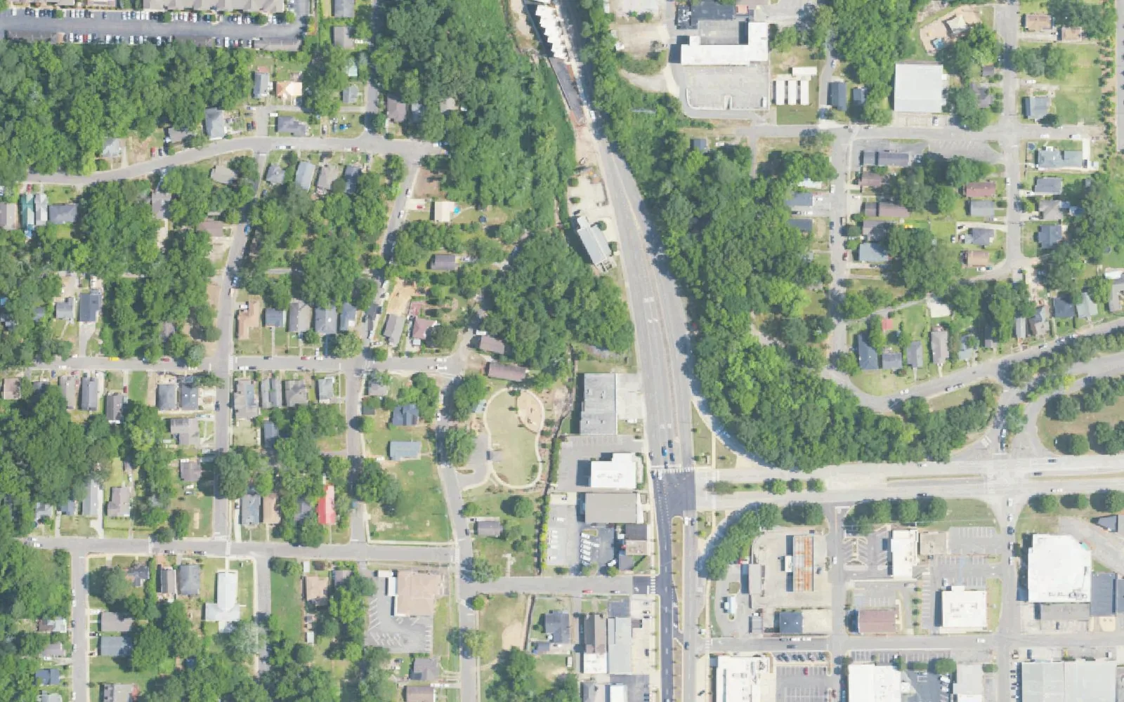 Aerial view of Rosedale in Homewood, the blocks along 18th Street South at the north end of downtown below Red Mountain.