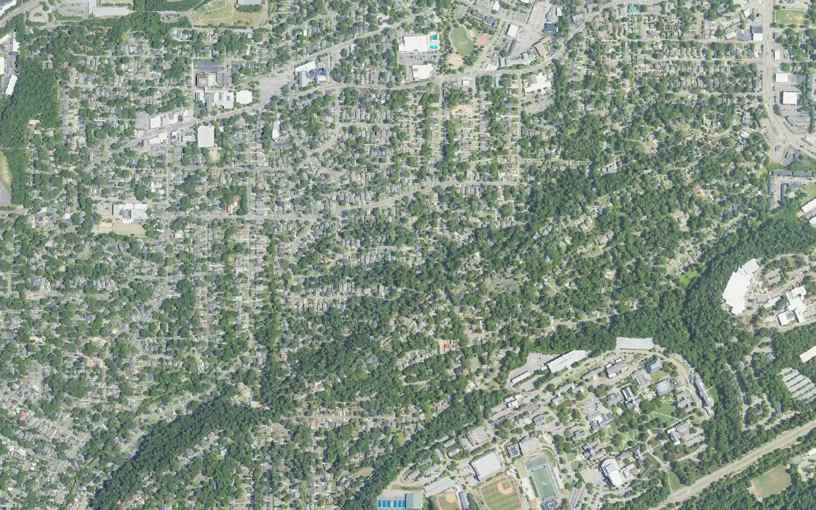 Aerial view of central Homewood, from Edgewood at left across Mayfair and Windsor Highlands to the Samford University campus at lower right.
