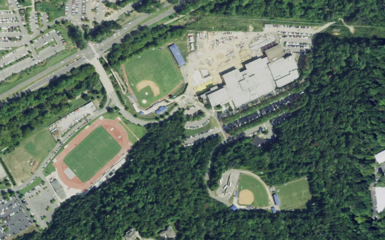 Homewood High School's campus off South Lakeshore Drive, with its stadium, track and ball fields, seen from the air in 2019