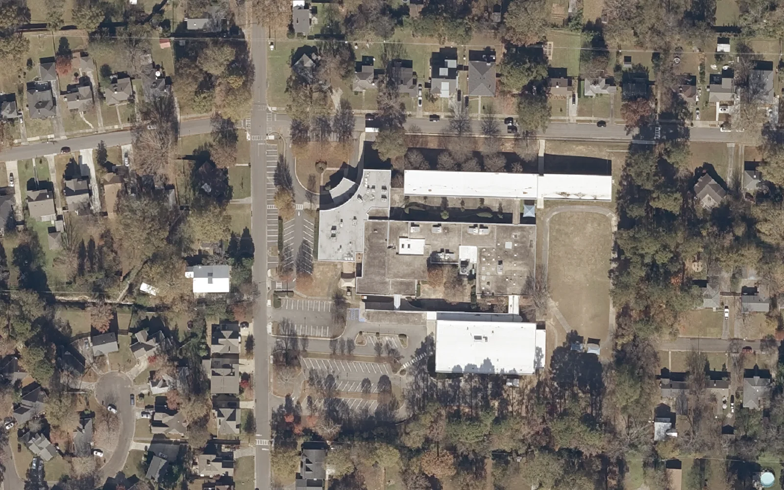 Hall-Kent Elementary School and its field on Hall Avenue in West Homewood, seen from the air in 2021