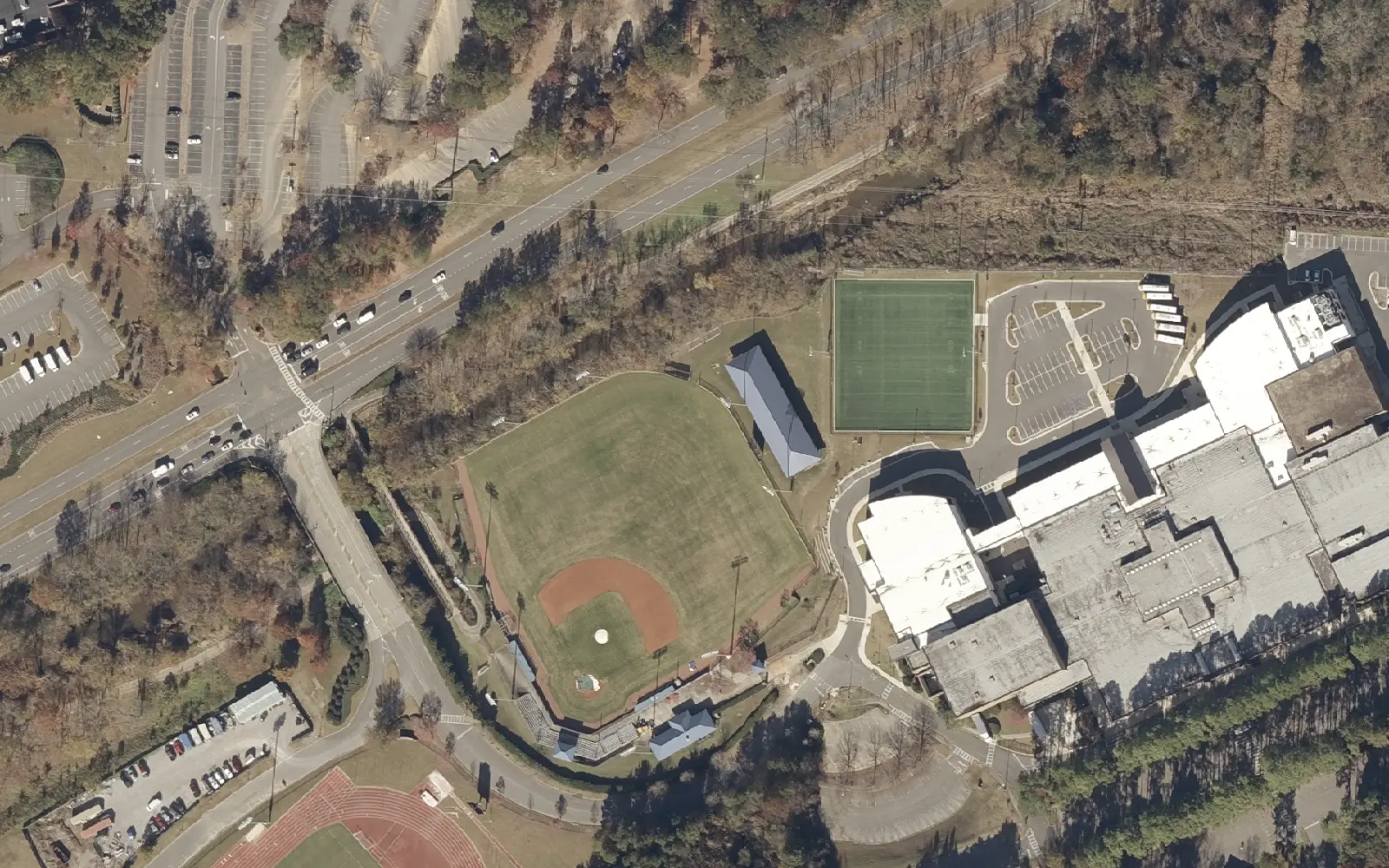 Homewood High School's campus on South Lakeshore Drive, with its baseball field and practice field, seen from the air in 2021