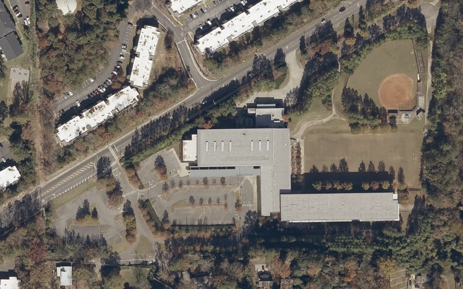 Homewood Middle School, its parking lot and ball field off Valley Avenue in Homewood, seen from the air in 2021