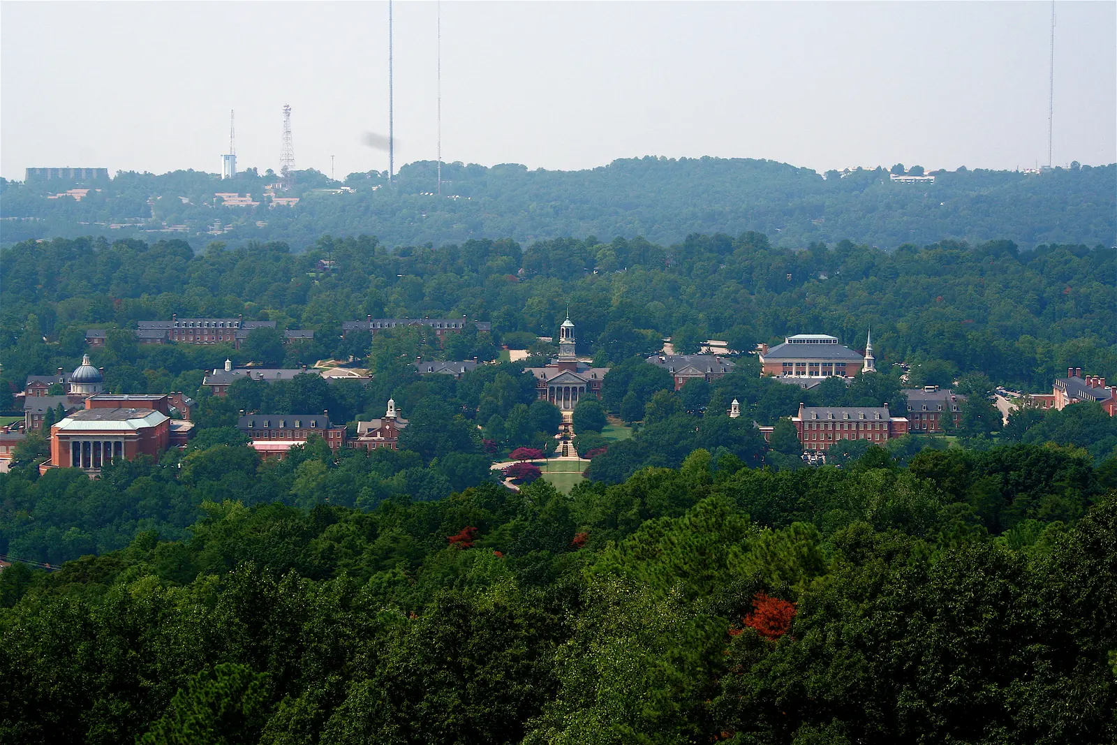 Samford University's campus seen across the trees of Shades Valley in Homewood.