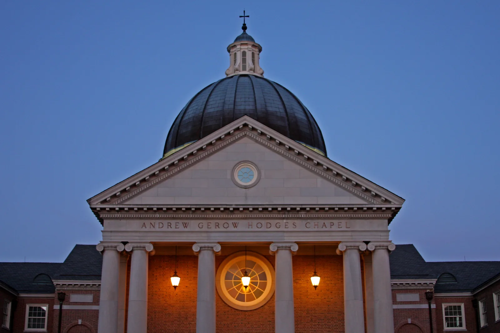 Andrew Gerow Hodges Chapel at Samford University in Homewood, lit at dusk.