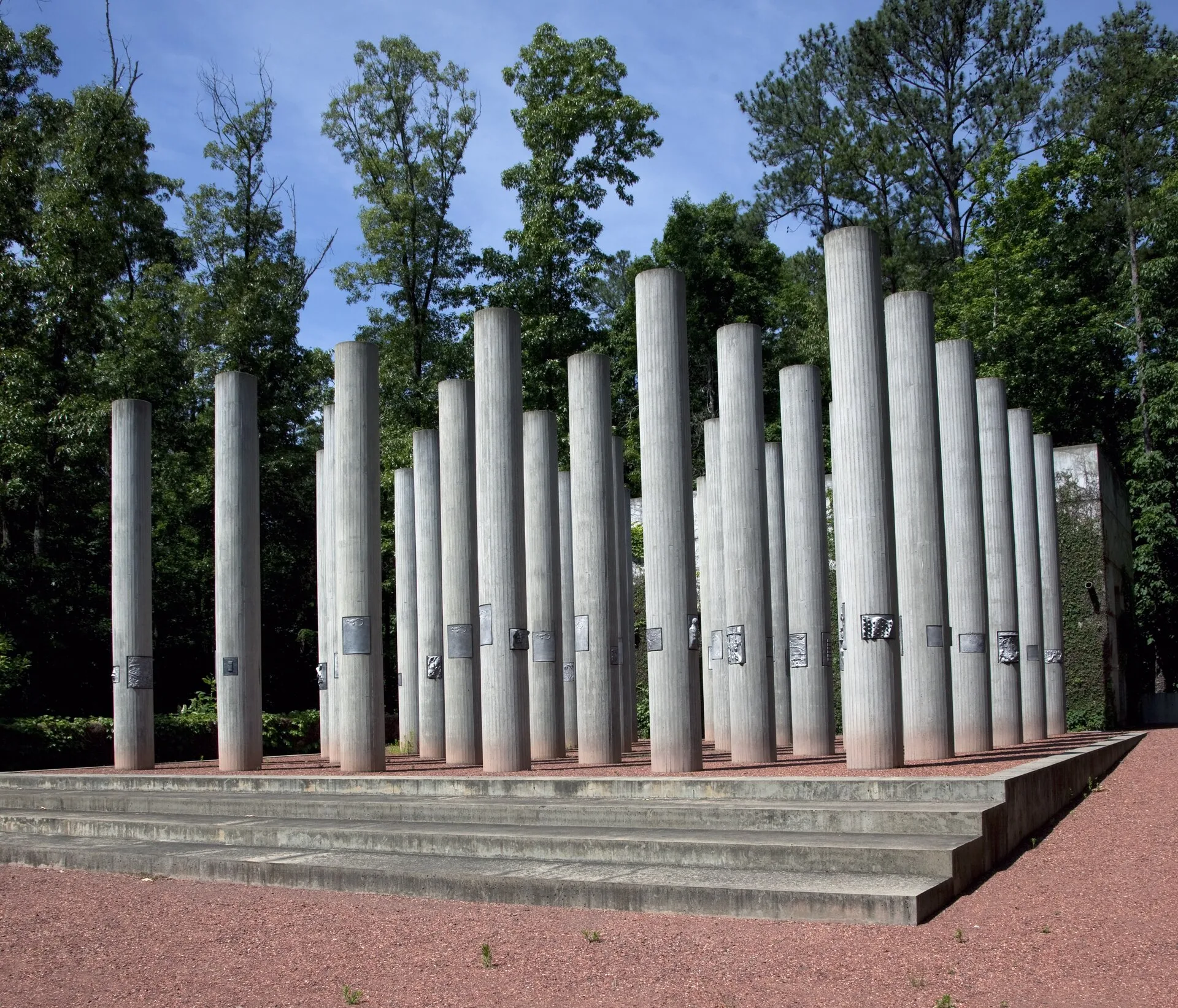 Columns carrying bronze plaques at Alabama Veterans Memorial Park, off I-459 in Birmingham