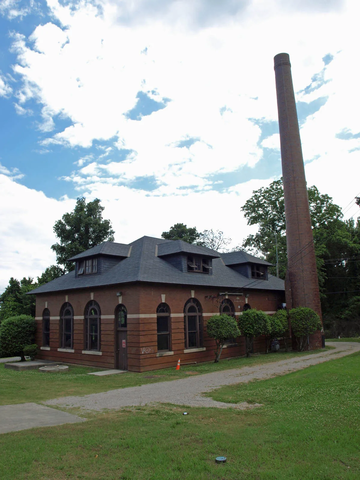 The brick Rosedale Pump Station building and its chimney in Homewood's Rosedale Park neighborhood